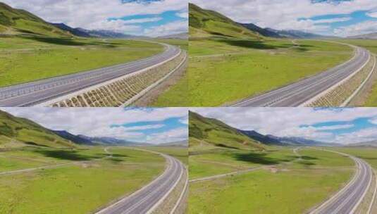 青藏高原青藏铁路公路三路并行航拍高清在线视频素材下载