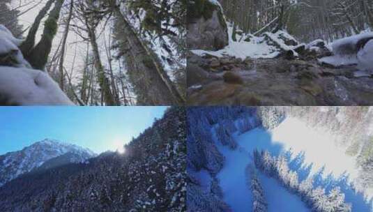 FPV穿越机无人机航拍雪山森林小溪冰雪融化高清在线视频素材下载