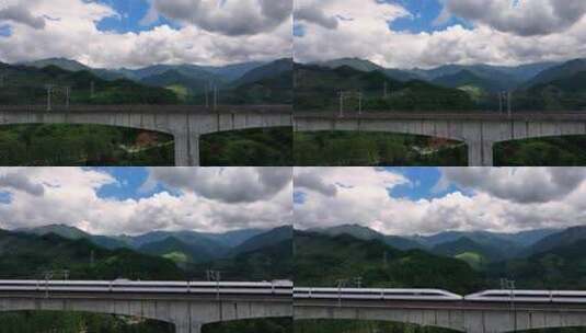 航拍广西桂林高铁列车行驶进站出站高清在线视频素材下载