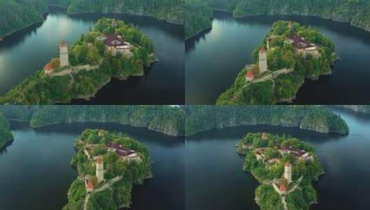 捷克共和国伏尔塔瓦河和奥塔瓦河畔山上兹维科夫城堡的鸟瞰图高清在线视频素材下载