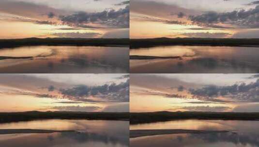 呼伦贝尔自然风光海拉尔河湿地晚霞倒影水面高清在线视频素材下载