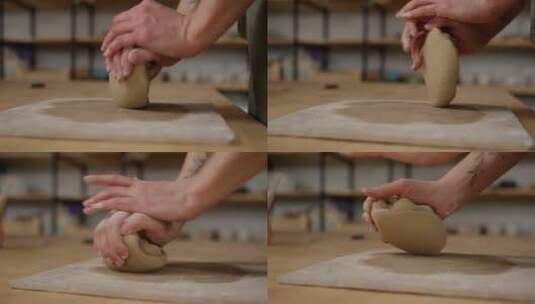手工制作陶制手指的特写镜头压在木制表面的高清在线视频素材下载