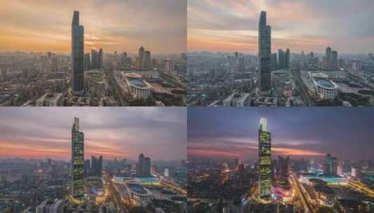 武汉恒隆广场地标城市风光夕阳日转夜延时高清在线视频素材下载