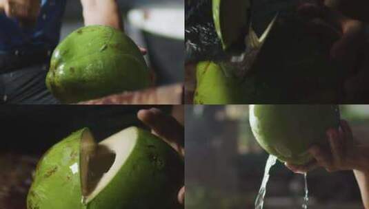 手工开椰/椰子水收集升格实拍高清在线视频素材下载
