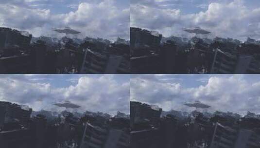 外星人飞碟盘旋在被摧毁的城市上空，空中高清在线视频素材下载