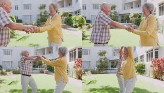 老年夫妇，在户外欢笑跳舞，退休，在草地上高清在线视频素材下载