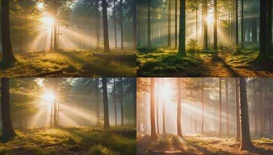 日落黄昏的森林唯美光影 逆光树林迷人光线高清在线视频素材下载