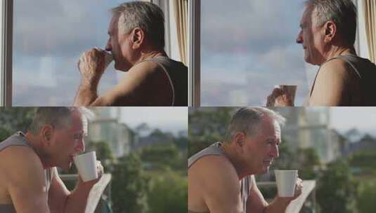 老人窗边手持杯子望向窗外高清在线视频素材下载