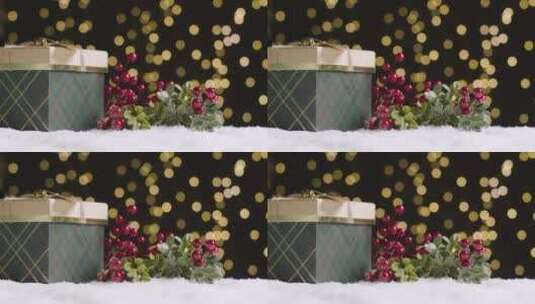 雪地上的圣诞礼物和浆果高清在线视频素材下载