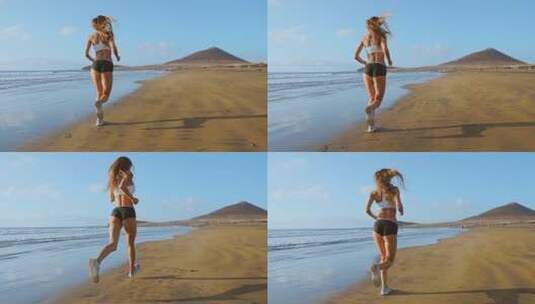 海滩奔跑的女性高清在线视频素材下载