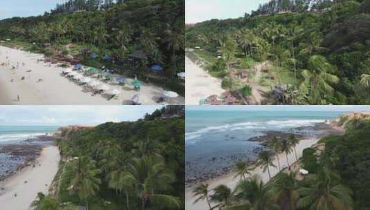 在巴西海滩边栏上方平移进入穿过的热带棕榈树。
琵琶海滩酒店高清在线视频素材下载
