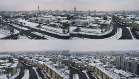 冬季空中城市中心景观河洛潘哈尔科夫高清在线视频素材下载