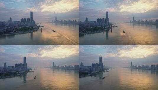 湖北武汉汉江入长江口的清晨城市风光高清在线视频素材下载