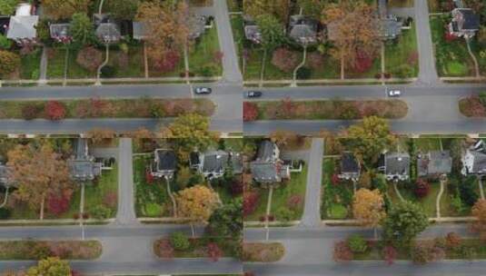 经典美国郊区住宅区的自上而下鸟瞰图，小巷里有丰富的秋叶，高清在线视频素材下载