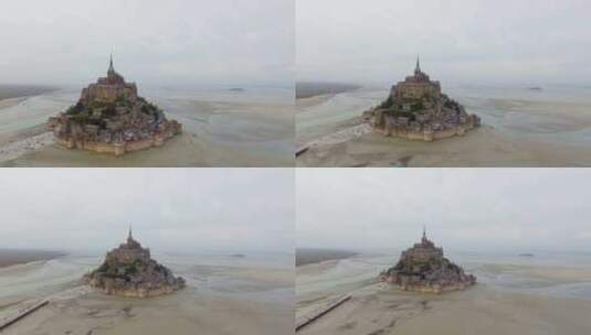 法国小岛上的法国城堡Le Mont Saint Michel无人机拍摄范围广在诺曼底典型G高清在线视频素材下载
