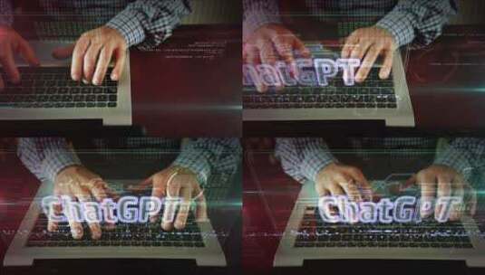 ChatGPT霓虹灯标志，男人在电脑上打字高清在线视频素材下载