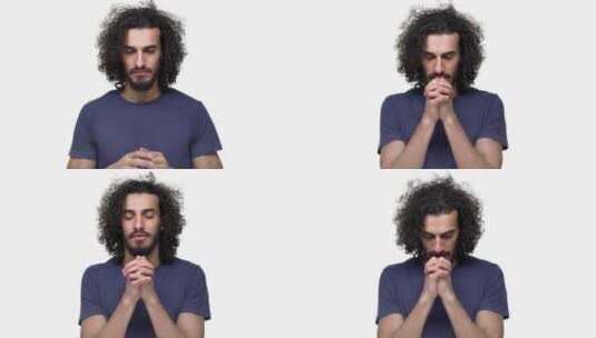 巴西冷静的男人手拉手，在白色上许愿梦想成真的肖像高清在线视频素材下载