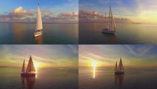 夕阳下大海中的帆船、一叶孤舟高清在线视频素材下载