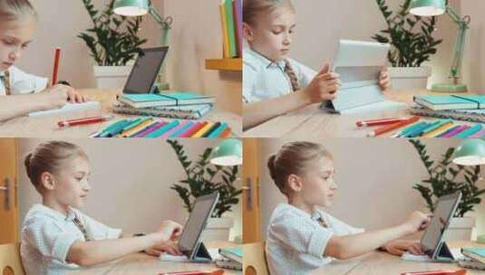 女孩在书桌前使用平板电脑高清在线视频素材下载