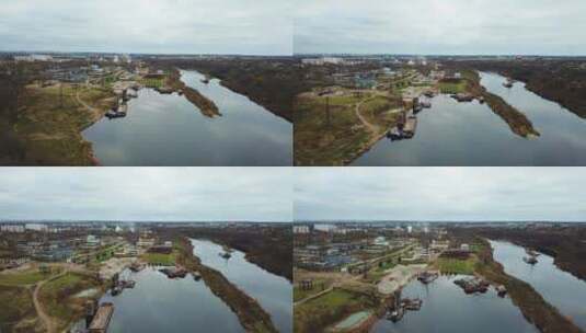 河岸景观航拍镜头高清在线视频素材下载