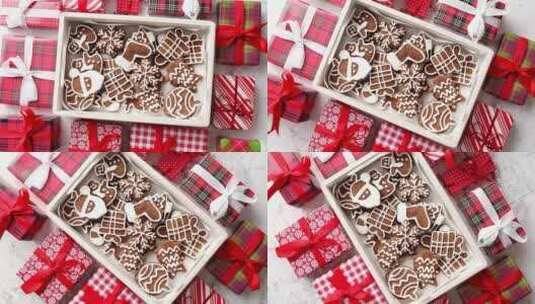 美味的新鲜圣诞装饰姜饼饼干放在木箱里高清在线视频素材下载