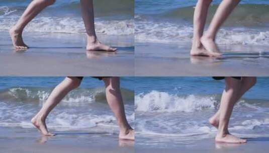 女孩赤脚走在海边的沙滩上视频素材高清在线视频素材下载