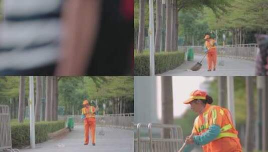 深圳街道福田环卫工人喝水清扫垃圾高清在线视频素材下载