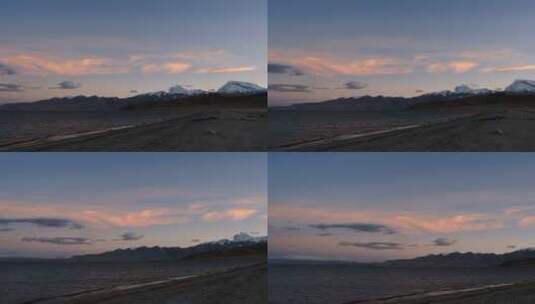 在西藏玛旁雍措湖边拍摄傍晚晚霞雪山空镜高清在线视频素材下载