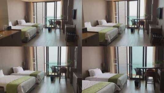 青岛红树林海景酒店客房，海景双人床高清在线视频素材下载