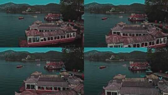 高清航拍码头船汽艇湖泊划船江边风景黑龙滩高清在线视频素材下载
