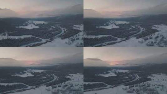 航拍清晨的新疆喀纳斯雪景高清在线视频素材下载