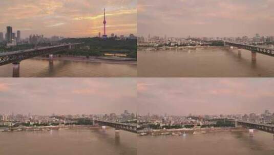 武汉长江大桥龟山夏季日落航拍原视频高清在线视频素材下载