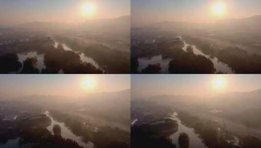 航拍杭州西溪湿地日出高清在线视频素材下载
