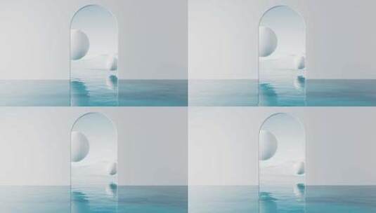 抽象几何空间水面和漂浮球体高清在线视频素材下载