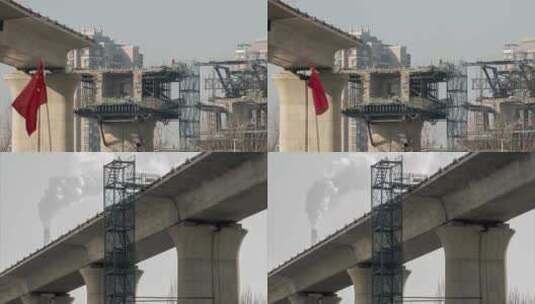 高架桥高铁动车建设飘扬旗帜冒烟烟囱高清在线视频素材下载