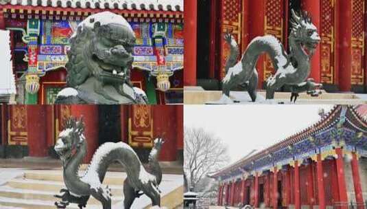 冬天北京颐和园大雪纷飞落满积雪的龙雕狮子高清在线视频素材下载