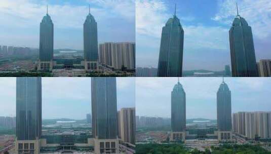 航拍枣庄新城双子星从北向南拍摄高清在线视频素材下载