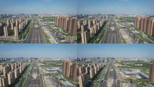 杭州钱塘快速路下沙路高楼大厦城市风景航拍高清在线视频素材下载