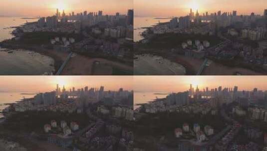 青岛黄昏日落 城市海岸线 夕阳高清在线视频素材下载