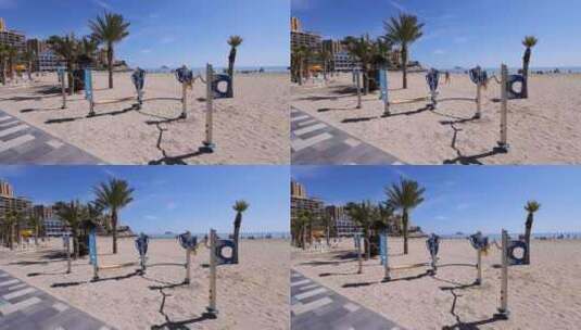 西班牙贝尼多姆镇在夏季显示海滩的镜头高清在线视频素材下载