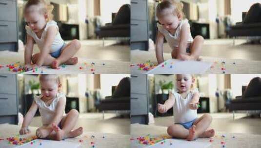 漂亮的小女孩在家玩蘑菇指甲马赛克高清在线视频素材下载