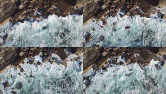 俯拍海水海浪拍打石头高清在线视频素材下载