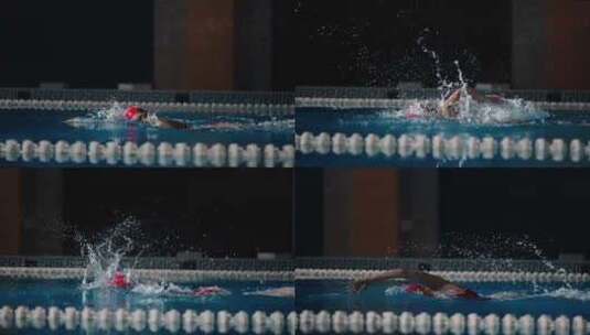 泳池中的女性游泳者自由泳水花泳衣泳装高清在线视频素材下载