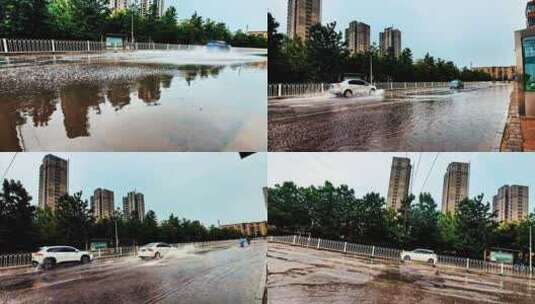 慢镜头城市内涝，雨中的城市道路交通高清在线视频素材下载