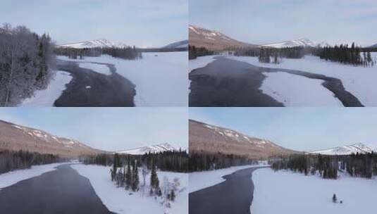 航拍新疆冬季喀纳斯神仙湾晨雾雪山森林雪景高清在线视频素材下载