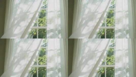 室内窗户白色窗帘随风飘动高清在线视频素材下载