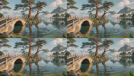 中式山水风景石桥场景高清在线视频素材下载