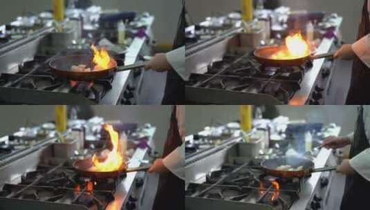 厨师烧饭时锅里着火高清在线视频素材下载