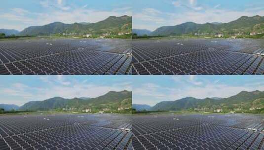 航拍江边光伏太阳能发电厂高清在线视频素材下载
