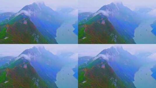 航拍三峡红叶云雾延时视频高清在线视频素材下载